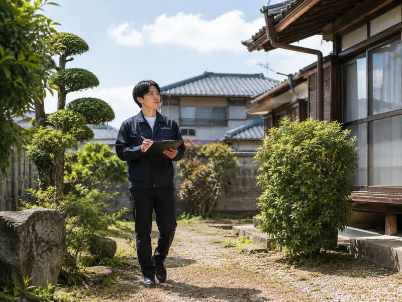 空き家の庭と敷地を巡回する代表